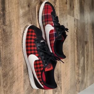 Nike Red and Black Sneakers with Plaid Design